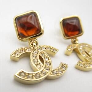 Chanel CC Drop Earrings Gold Tone Crystal Amber Stone Pierced